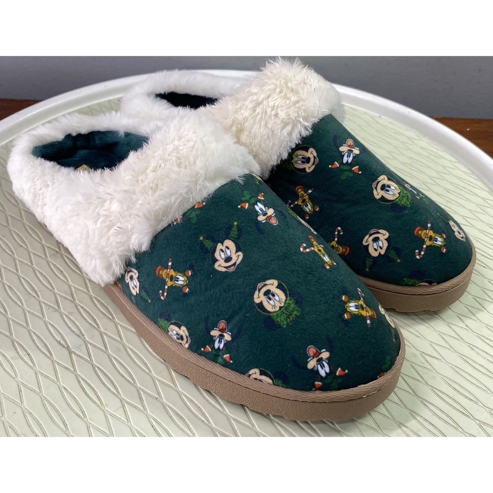 Disney Women's Mickey/Minnie/Goofy Christmas Slippers Green Rubber Sole NEW 9/10